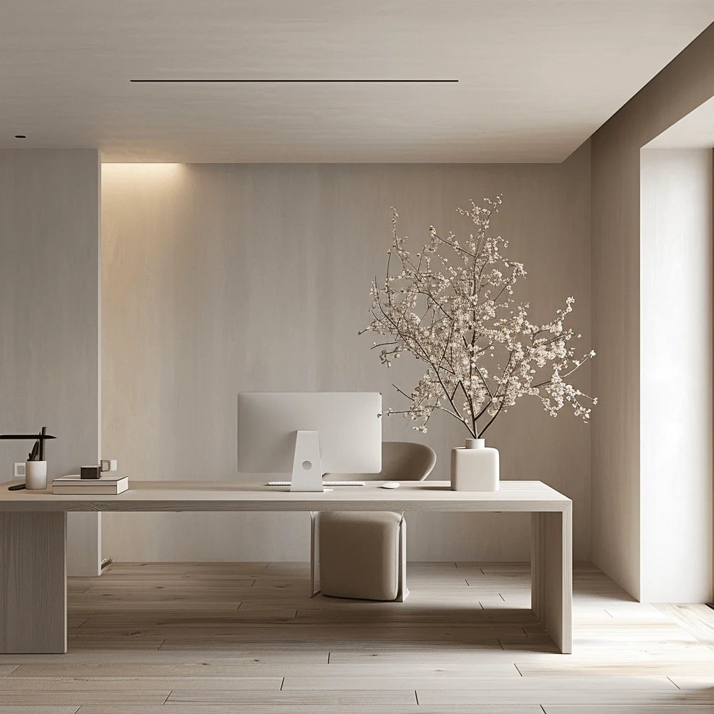 A minimalist modern desk setup in a warm, neutral-toned room. A light wood desk holds a white computer monitor, a white chair, a small white stool, and a white vase with delicate white blossoms.