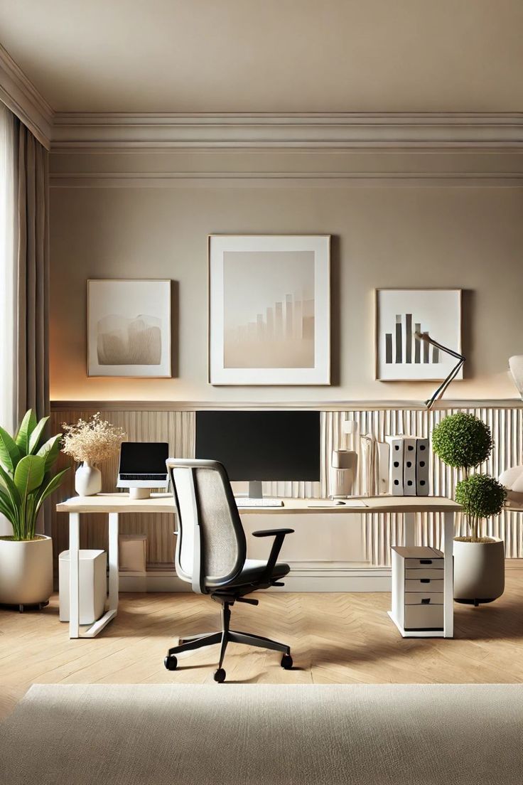 A modern home office setup featuring a light wood desk with a black computer monitor, a black mesh office chair, a white side cabinet, and decorative plants, set against a beige wall with three framed art prints.