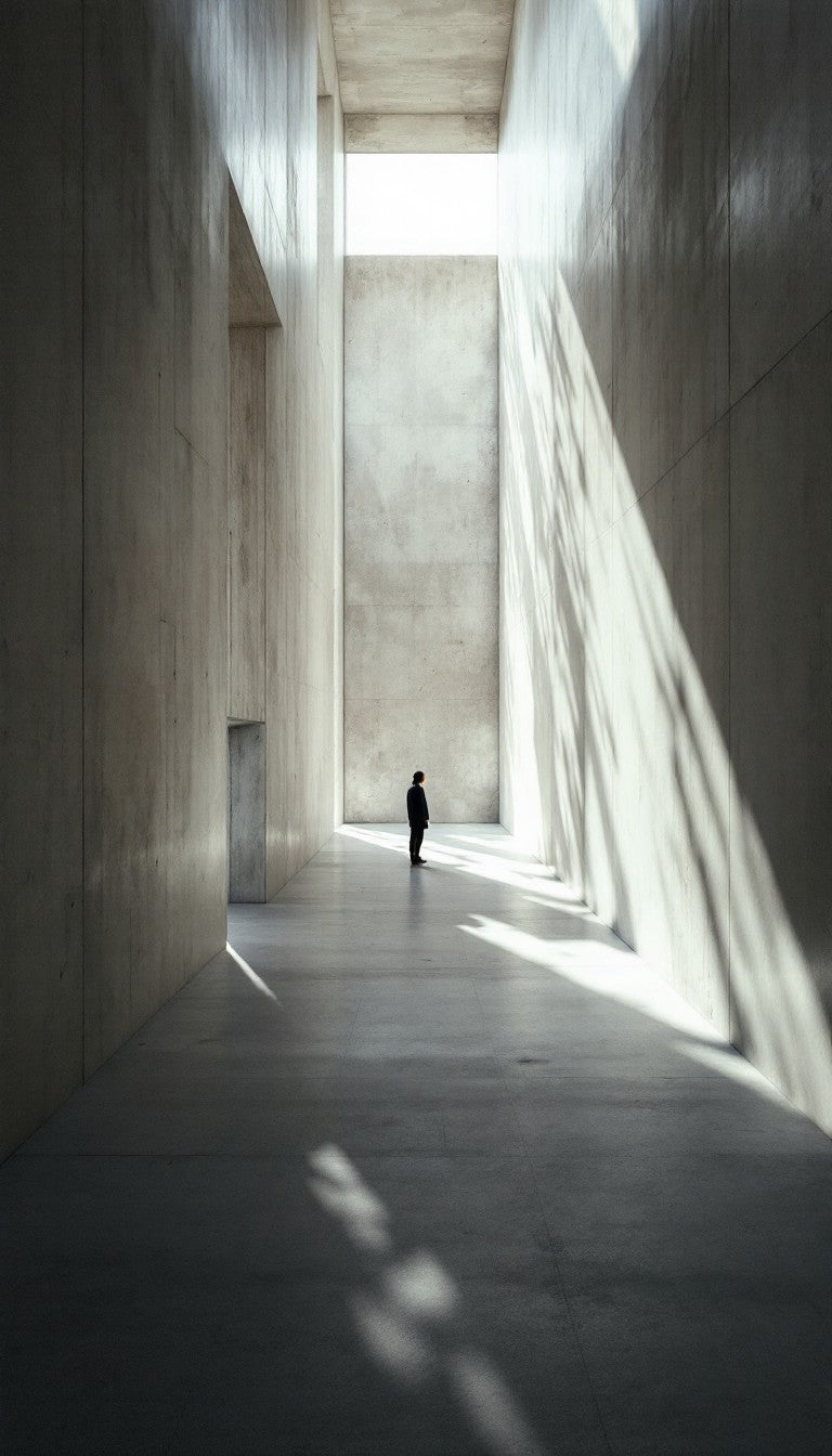 A minimalist architectural photograph of a person standing in a tall concrete hall with dramatic sunlight streaming down from a high opening, casting long shadows on the walls and floor.