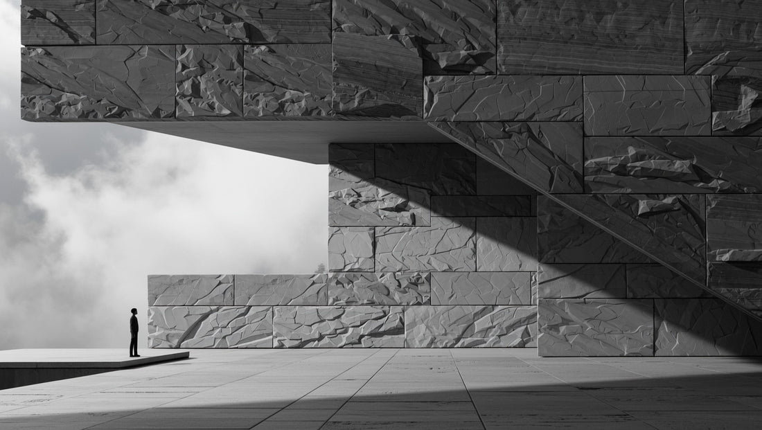 Black and white architectural photograph of a modern stone structure with a small human figure standing on a wide plaza under dramatic shadows.