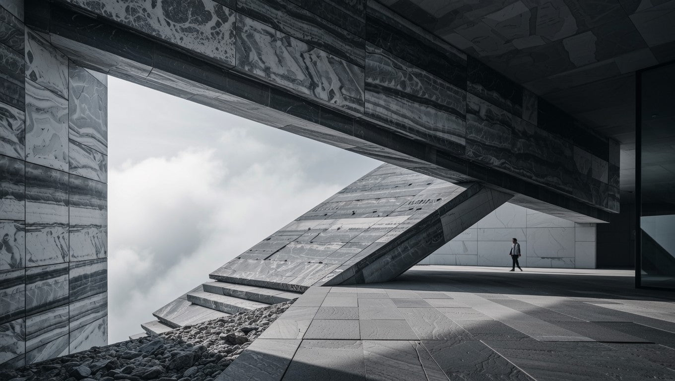 A dramatic architectural photograph of a modern structure with a large opening to the sky, featuring a small distant person walking on a paved interior space.